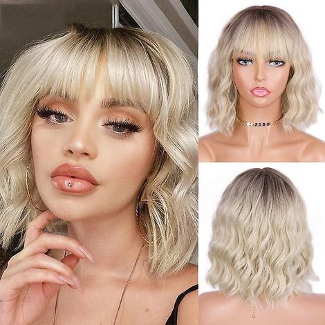 Schulterlange lockige Perücke, gewelltes Haar, blonde Farbe mit dunklem Ansatz, mit Pony für Damen (1/5)