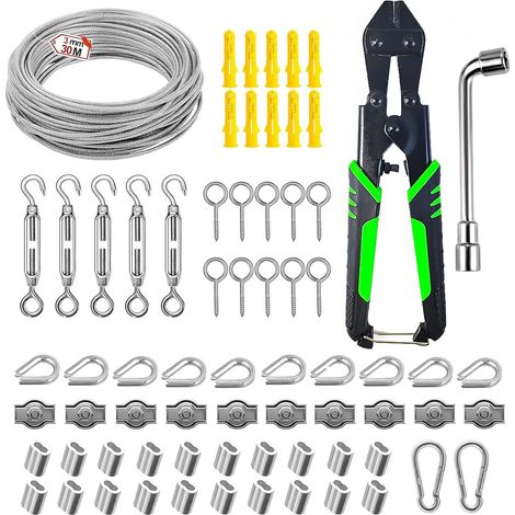 70 Pièces Kit de 30m Câble Acier Inox 3mm, Tendeur Fil à Linge Extérieur avec Serre Câble Acier et Accessoires de Montage, pour Fixation de Corde à Linge, Luminaires, Plantes Grimpantes (1/5)