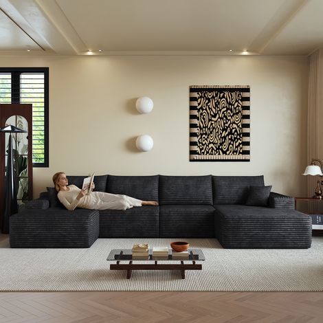 Canapé d'angle modulaire 340 cm en velours côtelé, avec méridienne, pour salon, appartement ou chambre (1/5)