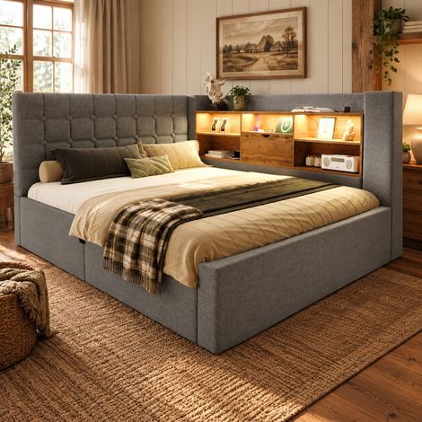 Letto imbottito con testiera a L, vano idraulico e LED 140x200 cm, lino grigio, REDOM (1/5)