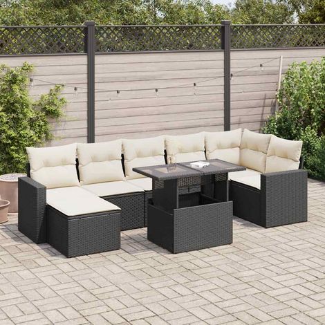Salon de jardin 8 pièces en résine tressée noire avec rangement et coussins, 74.2kg - PANGIVO (1/5)