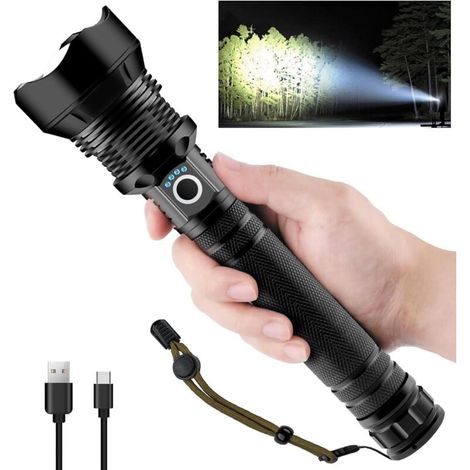 Extrem leistungsstarke LED-Taschenlampe, 4000 Lumen, wiederaufladbar, P90, wasserdicht, verstellbar und zoombar, USB-aufladbar (Batterie enthalten) XXW