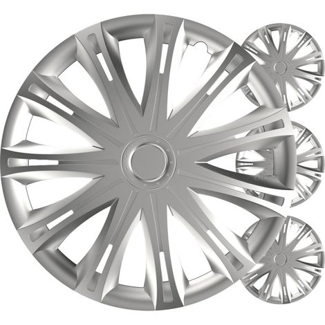 Juego de 4 tapacubos para coche, color plata brillante, 15 pulgadas, con caja. (1/4)