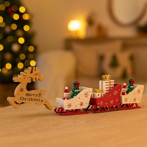 Renna con tre slitte bianche e rosse in legno lungo 34 cm decorazione natalizia (1/4)