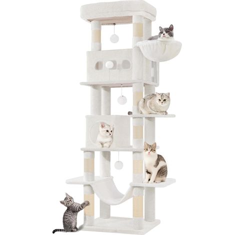 170 cm Grand Arbre à Chat, Tour à Chat pour Chats D'intérieur, avec Grand Perchoir, Tapis Lavable, 2 Niches Chats, 8 Griffoirs, Hamac, Pompons, Blanc Crème MS17018WT (1/5)