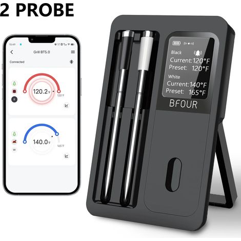 Thermomètre à viande sans fil Bluetooth (BF-40, 2 sondes), sondes étanches IP67, écran LCD, rechargeable (1/5)