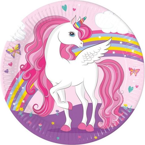Piatti di carta unicorno arcobaleno, 23 cm, 8 pezzi