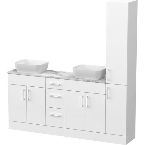 Wichnor Floor Standing 4 Door 3 Drawer Vanity Combination Unit with Tall Unit, Worktop and Countertop Vessel, 1800mm, Matt White (1/4)