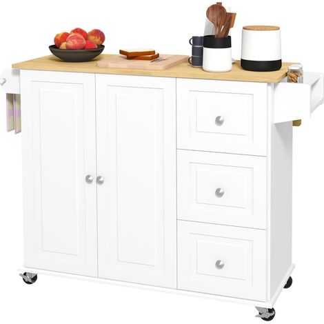 Kitchen Islwith Drop Leaf, Rolling Kitchen Storage Trolley on Wheels with 3 Drawers, Spice Rack Towel Rack, Storage Cart with Rubber Wood Top, White (1/5)