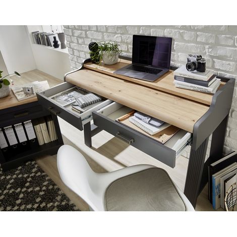 Landhaus Schreibtisch Sekretär Büro JÜLICH-36 in Graphit mit Artisan Eiche Nb., B/H/T: ca. 120/84/53 cm (1/5)