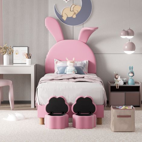 Lit enfant rembourré en velours - avec LED et 2 tabourets de rangement - Rose - 90x200 cm (1/5)