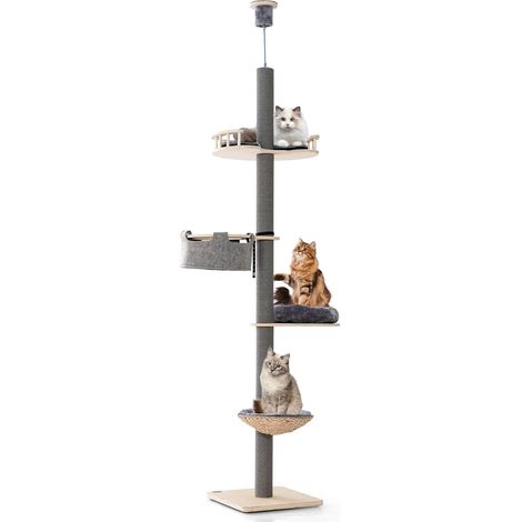 Costway – Arbre à chat du sol au plafond 236-271 cm – 5 niveaux en bois avec dispositif anti-renversement – Panier en jonc de mer naturel – Gris (1/5)