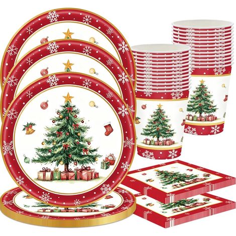 60 Pièces Vaisselle Assiette en Papier de Noël,Serviettes,Gobelets en papier,Vaisselle de Party Set pour Décorations de fêtes Joyeux Noël Réutilisable Pour 20 Invités (1/5)