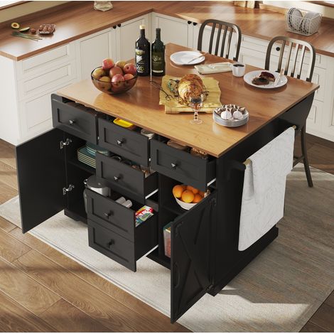 MEUBLIV isola da cucina pieghevole nera 147x44x93 cm, carrello mobile con contenitore (1/5)
