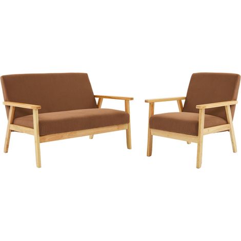 sweeek - 2-Sitzer-Banksofa + Sessel aus Cord-Bezug, Holzbeine, Cord, Braun