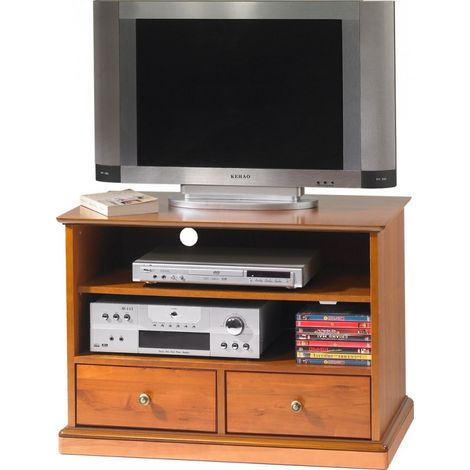 Beaux Meubles Pas Chers – Meuble TV sur roulettes en merisier avec 2 tiroirs – Dimensions 82.4x58.7x46.5 cm – Support jusqu'à 50 kg – Arrière percé pour câbles (1/3)