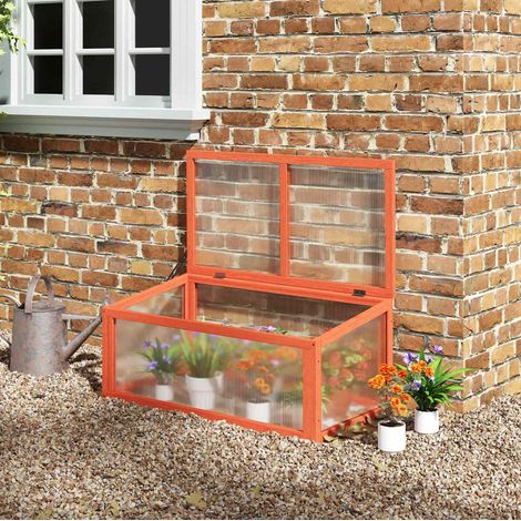 Invernadero mini (94x48.5x13 cm), techo abatible, ventilación, madera de abeto y policarbonato, naranja (1/5)