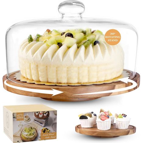 1 Présentoir à gâteau, Couvercle en verre, Plateau bois d'acacia, Rotatif 30 cm, 2 Assiettes incluses, Mariage (1/5)