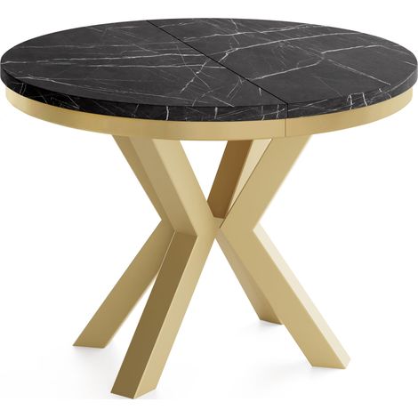 Runder Ausziehbarer Esstisch im Loft-Stil - Industrieller Tisch mit Goldenen Metallbeinen - Platzsparender Tisch für Wohnzimmer - Marmor Schwarz - 100 bis 180 cm