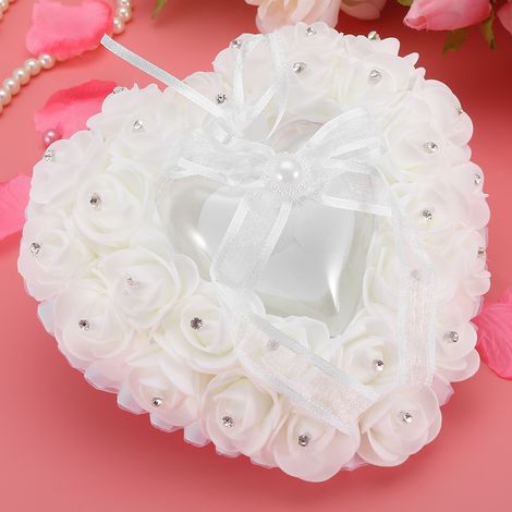 Romantische herzförmige Eheringbox mit Rosen-Strass-Dekor, Ringkissen (Weiß) (1/5)