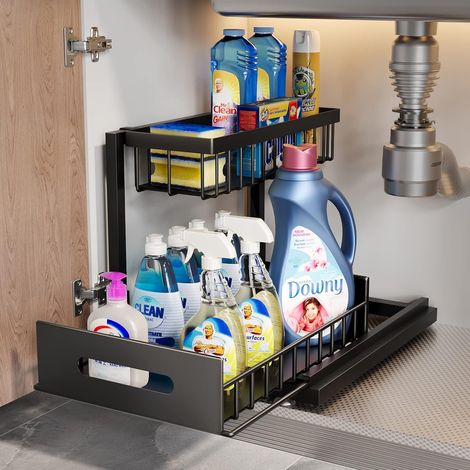 Rangement sous évier en métal –Organiseur de cuisine à 2 niveaux avec tiroir de rangement coulissant – Rangement Cuisine évier pour rester fermement (1/5)