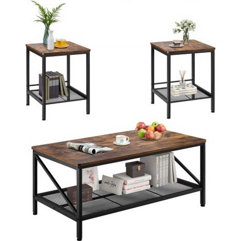 3-teiliges Wohnzimmertisch-Set, (105 cm lang) Industrie-Couchtisch mit 2 quadratischen Beistelltischen (45 cm lang), Sofatisch-Sets mit Metallbeinen, Satztische für Büro Wohnzimmer Wohnung (1/5)