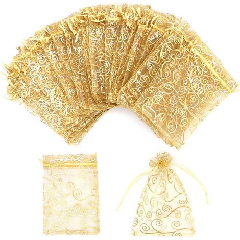 Lot de 100 sachets en organza 10x15 cm, pochettes cadeau à cordon, sacs imprimés rotin pour bijoux, mariages, faveurs de fête, Noël et bonbons (1/5)