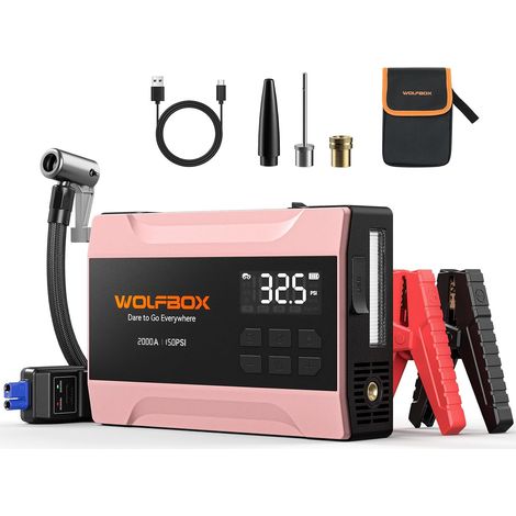 Démarreur portable 2000 A avec compresseur d'air, 37 Wh pour batteries de voiture (pour moteurs à essence jusqu'à 5 L), kit de démarrage 12 V avec gonfleur de pneu 150 PSI, câbles de démarrage (1/5)