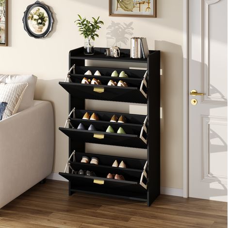Scarpiera con 3 ante ribaltabili e 6 scomparti, nero, in MDF, 70 x 30 x 120 cm (1/5)