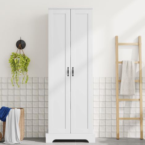Armoire de salle de bain haute 56 x 40 x 170cm avec peinture résistante à l'humidité, portes doubles, quatre surfaces de rangement, clayettes réglables, charnières fermeture douce, blanc.