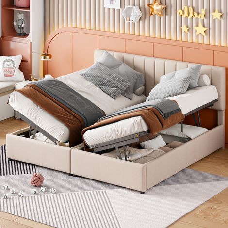 Doppeltes Polsterbett 180x200 cm, hydraulisches Boxspringbett mit vertikal gestreiftem Kopfteil, Stauraum, Lattenrost, Metallstruktur, Leinen, 2-in-1-Multifunktionsbett – Beige