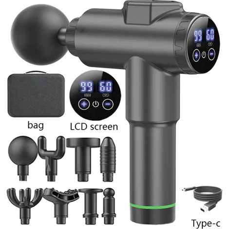 Pistolet de Massage Musculaire - 99 Niveaux Reglables - 8 Tetes de Massage - Ecran LCD HD - Noir (1/5)