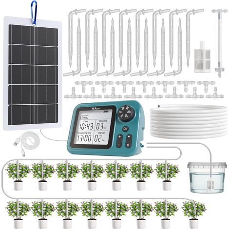 Kit d'Arrosage Goutte à Goutte Automatique Solaire, Programmateur Large Écran 3,5", Irrigation Racinaire Précise pour Jusqu’à 15 Plantes, Pompe 800 ml/min pour balcon et jardin (1/5)