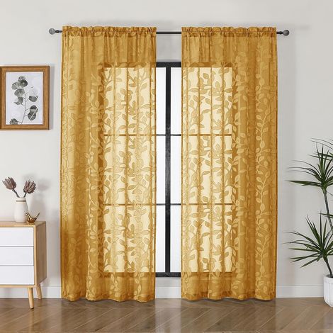 2 panneaux de rideaux texturés avec motifs jacquard de feuilles pour chambre à coucher et salon, voiles semi-transparents filtrant la lumière avec clips, doré, 107 x 183 cm par panneau (1/5)