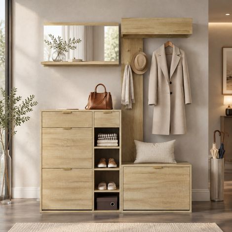 MODFU – Set ingresso 4 pezzi 130x30x174 cm con scarpiera, panca, specchio, pannello a parete e carico 50 kg – Naturale (1/5)
