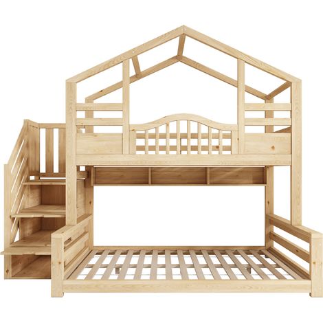 Letto a castello per bambini con scala contenitore 90x200 in alto 140x200 in basso legno naturale (1/5)