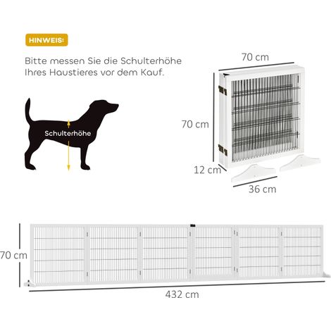 Barrière six panneaux blanc bois ajustable autoportante pour chien 432x70cm pliable, très longue séparation escalier couloir grande maison (1/5)