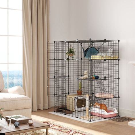 Spacious Four-Tier DIY Cat Cage with Hammock and Ramps for 1-3 Cats-Indoor Pet Enclosure with Five Doors,Black (1/5)