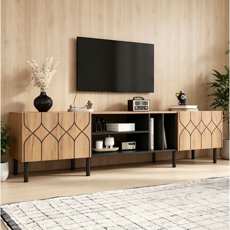 Mueble TV 180 x 40 x 50 cm con 2 puertas y 4 nichos, natural y negro DESVIAE (1/5)