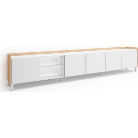 Skraut Home - Meuble TV, Banc Télé, Grand espace de Rangement, 309x35x61cm, Pour les TV jusqu'à 80", Design industriel, LED, Style moderne, Blanc et Chêne Soft (1/5)
