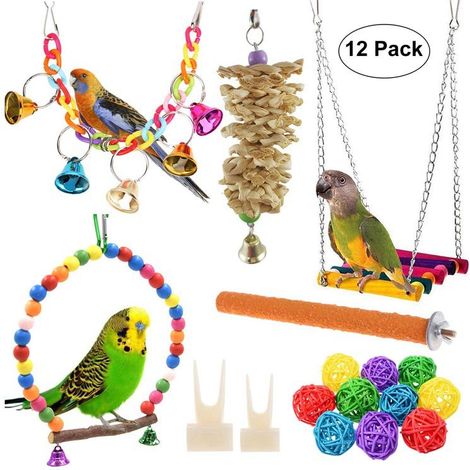Jouets pour oiseaux, 12 perchoirs en bois, balançoires, échelles, structures d'escalade pour cages de petits et moyens oiseaux, perroquets (1/5)