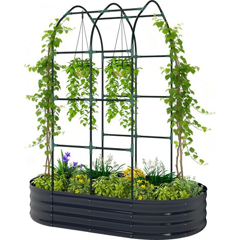 Jardinière avec treillis arqué, bac à fleurs en métal avec fond ouvert, gants inclus, 160x90x180cm, gris foncé (1/5)