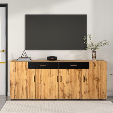 Buffet, meuble de cuisine, meuble de rangement, 208 x 39,5 x 80 cm, commode à 4 portes, 2 tiroirs, buffets, Couleur naturelle (1/5)