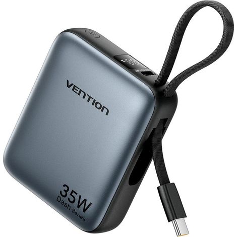 Batterie externe Vention 10 000 mAh 35 W PD avec câble USB-C intégré, grise (1/5)