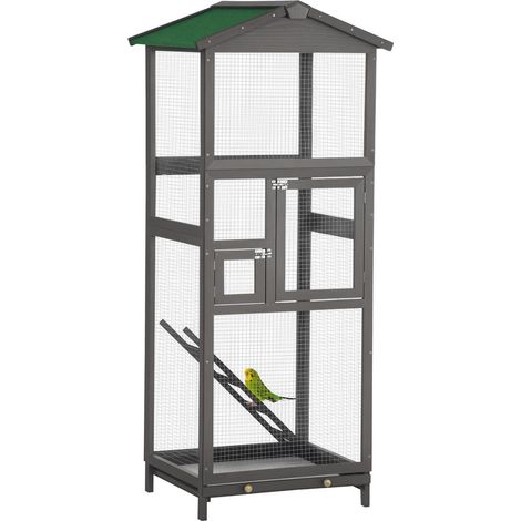 Volière Oiseaux Extérieure en Bois Grande Cage avec Tiroir Amovible et Toit Bitumé 2 Portes Gris Clair 165 cm (1/5)