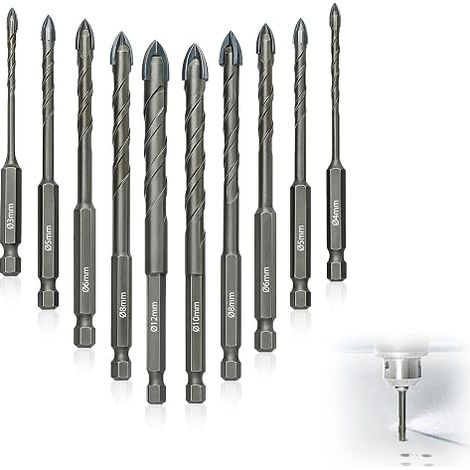 Juego de 10 brocas para taladrado en seco, brocas excéntricas de cabeza oblicua de 3/4/5/6/8/10/12 mm, juego de brocas de carburo con cambio rápido, vástago hexagonal para materiales plásticos, azulej (1/5)