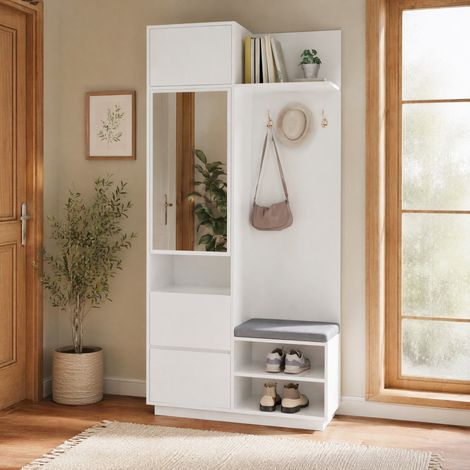 MEUBLIV vestiaire d'entrée compact blanc 90x34,5x190 cm avec miroir, banc et rangement (1/5)