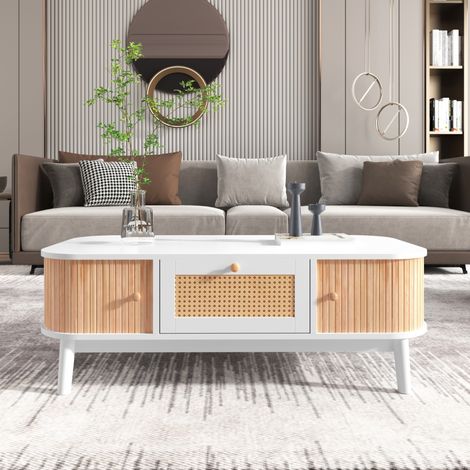 Table basse en MDF blanc et bois, 110 cm, avec tiroirs en rotin et portes coulissantes (1/5)