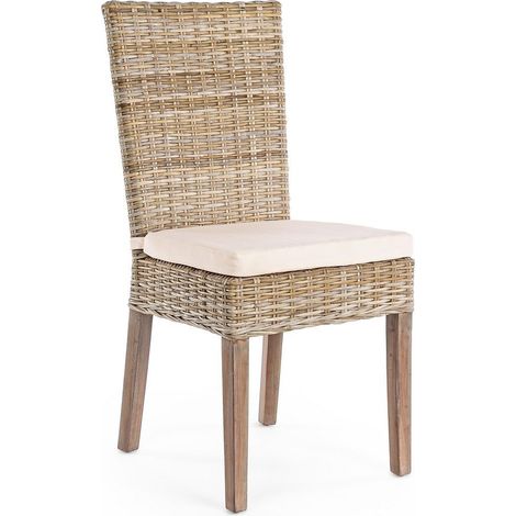 Chaise de salle à manger en acajou – Dossier haut ergonomique – Tressage Kubu naturel – Coussin amovible en polyester – Yes Everyday