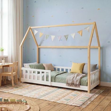 Hausbett Hesel mit Rausfallschutz 90x200 cm Weiß/Natur [en.casa] (1/5)